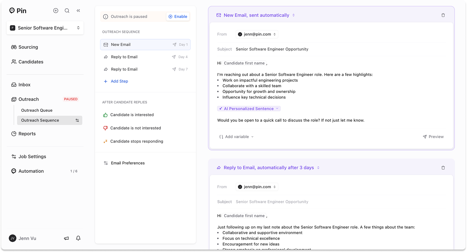 Pin Feature Customized Candidate Engagement